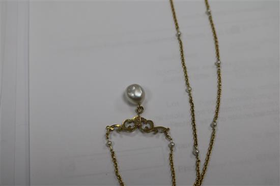 An 18ct gold and cultured? pearl drop necklace, the chain set with seed pearls, 62cm.